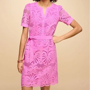 Talbots Eyelet Puff Sleeve Poplin Shirtdress Size 16 Pink Rouge Summer Casual